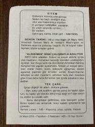24 MAYIS 2004 - TAKVİM YAPRAĞI - DOĞUM GÜNÜ HEDİYESİ - BÜYÜK SAATLİ MAARİF TAKVİMİ - EŞREF - CAN YÜCEL - İLK TELGRAF HABERLEŞMESİ - ALZHEİMMER RİSKİ ÇALIŞMAYLA AZALIYOR - TEK ÇARE