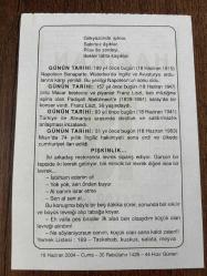 18 HAZİRAN 2004 - TAKVİM YAPRAĞI - DOĞUM GÜNÜ HEDİYESİ - BÜYÜK SAATLİ MAARİF TAKVİMİ - EFLATUN - NAPOLEON İNGİLİZ ORDULARINA YENİLDİ - TÜRKİYE İLE ALMANYA ARASINDA DOSTLUK ANLAŞMASI YAPILDI - MISIR'DA CUMHURİYET İLAN EDİLDİ - PİŞKİNLİK