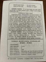 25 EYLÜL 2004 - TAKVİM YAPRAĞI - DOĞUM GÜNÜ HEDİYESİ - BÜYÜK SAATLİ MAARİF TAKVİMİ - ZİYA GÖKALP - MODERN İTFAİYE'YE GEÇİŞ YAPILDI - YANGIN HAFTASI - TERAZİ BURCUNDA DOĞANLAR