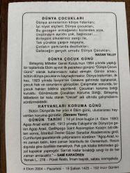 4 EKİM 2004 - TAKVİM YAPRAĞI - DOĞUM GÜNÜ HEDİYESİ - BÜYÜK SAATLİ MAARİF TAKVİMİ - TÜRKİYE HAYVANLARI KORUMA DERNEĞİ - NAZAN TALUY - TÜRKİYE HAYVANLARI KORUMA GÜNÜ - DÜNYA ÇOCUK GÜNÜ - SAMİ KARAGÖREN