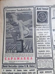 Cumhuriyet Gazetesi - 3 Şubat 1941 - Harpten Sonraki Facia Yazan Yunus Nadi Köşe Yazısı - Metaksas İçin Ayin Fotoğrafı -  Alman Tayyareleri Libay Üslerine Akın Yaptılar -Eritrede Agordat Ve Bierundi Zaptedildi - Berlin Vichy İrtibatı Kesilmek Üzere - Arnavutluk Cephelerinde Son Vaziyeti Gösterir Harita - Beşiktaş 5 Beyoğluspor 1 Fotoğraf - Galatasaray Kasımpaşayı 5 0 Yendi - Büyük Muasırlar Yazan Winston Churchill Yazı Dizisi - Körler Orkestrasının Konseri - Kızıl Vazo Yazan Peride Celal Yazı Dizisi - Yeni Irak Kabinesi Kuruldu - İş İnada Bindi Galiba Yazan Burhan Felek Köşe Yazısı - 5 Resim Sergisi Yazan Fikret Adil - Münir Nurettin Yarın Akşam Zengin Programlı Bir Konser Veriyor - Lig Maçlarında Puan Vaziyeti - Şehir Tiyatrosu İstiklal Caddesi Komedi Kısmında Kiralık Odalar - Çapamarka - Tungsram - Nevrozin Ağrı Kesici - Türkiye Cumhuriyeti Ziraat Bankası - Singer Saatleri