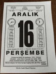 16 ARALIK 2004 - TAKVİM YAPRAĞI - DOĞUM GÜNÜ HEDİYESİ - BÜYÜK SAATLİ MAARİF TAKVİMİ - HORACE - NACİ KASIM - KİTAP ADLI YAZI - MUSUL IRAK'A VERİLDİ - ÖĞRETMEN ERCÜMENT EKREM TALU VEFAT ETTİ