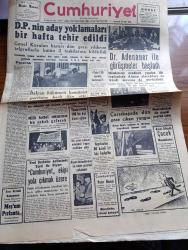 Cumhuriyet Gazetesi - 20 Mart 1954 - Pazarlık Yazan Nadir Nadi Köşe Yazısı - Demokrat Parti'nin Aday Yoklamaları Bir Hafta Tehir Edildi - Milli Futbol Takımımız Bu Sabah Gelecek - İtalyan Hükümeti Komünist Partisine Harp İlan Etti - Doktor Adenauer İle Görüşmeler Başladı - Çarşıkapıda Dün Gece Yangın Çıktı Fotoğraf - Osman Güzel Mağazası Ve Marmara Fotoğrafhanesi Tamamen Yandı - Cumhurbaşkanı Celal Bayar Çankaya'da Adenauer İle Birlikte Fotoğraf - Binicilik Ekibi Bugün Fransa'ya Gidiyor - İnce Memed Yazan Yaşar Kemal Yazı Dizisi - Millet Partisinden Niçin Çekildim Yazan Hikmet Bayur Yazı Dizisi - Mısırlı Kadınlar Açlık Grevine Son Verdiler - Vefa İstanbulspor Maçı - Galatasaray'ın Kıbrıs Seyahati - Çetinkaya Takımı Antrenörü Naci Özkaya - Beşiktaş Kulübünün Senelik Kongresi - Sarayların Aşk İlahesi Desiree Yazan Annemarie Selinko Yazı Dizisi - Arı Bisküvileri - Hawkins Düdüklü Tencere -  Roja Briyantin