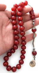 OSMANLI DÖNEMİ MALZEMEDEN YAPILMA ŞIKIR ŞIKIR HARİKA KIRMIZI RENKLİ YELPAZELİ GÜMÜŞ PÜSKÜLLÜ MUHTEŞEM SIKMA KEHRİBAR TESPİH 4ZZ2RR ÇOK NADİR