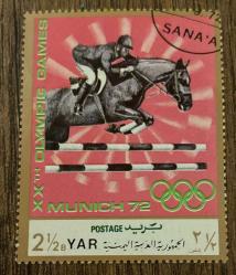 Yemen Pulu - Yemen Stamp -  Postadan Geçmiş Pul Filateli - DAMGALI - 1972 MÜNİH OLİMPİYATLARI AT İLE ENGEL ATLAMA TEMALI PUL , 2 1/2 PARA - YABANCI PULLAR - NOSTALJİK DOĞUM GÜNÜ HEDİYESİ