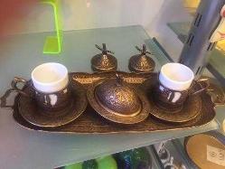 2Lİ BAKIR ESKİTMELİ TEPSİLİ KAHVE FİNCANI
