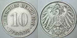 ALMANYA İMPARATORLUĞU 10 PFENNIG 1910 F NADİR HARF VE TARİH. REICHSPFENNIG. II. WILHELM DÖNEMİ.