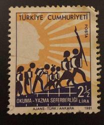 Türk Pulu - Turkish Stamp - Postadan Geçmiş Pul Filateli -  OKUMA - YAZMA SEFERBERLİĞİ TEMALI PUL, 2 1/2 LİRA - Türkiye Cumhuriyeti - NOSTALJİK DOĞUM GÜNÜ HEDİYESİ