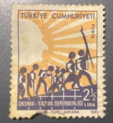 Türk Pulu - Turkish Stamp - Postadan Geçmiş Pul Filateli - DAMGALI -  OKUMA - YAZMA SEFERBERLİĞİ TEMALI PUL, 2 1/2 LİRA - Türkiye Cumhuriyeti - NOSTALJİK DOĞUM GÜNÜ HEDİYESİ