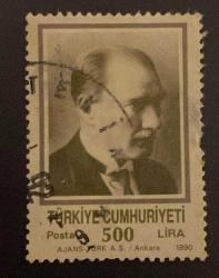 Türk Pulu - Turkish Stamp - Postadan Geçmiş Pul Filateli - DAMGALI - ATATÜRK TEMALI PUL, 500 LİRA - Türkiye Cumhuriyeti - NOSTALJİK DOĞUM GÜNÜ HEDİYESİ
