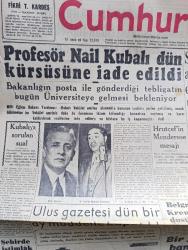 Cumhuriyet Gazetesi - 10 Nisan 1958 - Profesör Hüseyin Nail Kubalı Dün Kürsüsüne İade Edildi - Hüseyin Nail Kubalı'ya Sorulan Sorular - İstanbul'da İstimlak Faaliyeti - Subayların Memurların Aylıkları Arasında Eşitsizlik Kaldırılıyor - İngiliz Elçisi James Bowker Dün Fatin Rüştü Zorlu İle Görüştü - Elazığlı Öğrenciler Kıbrıs'a Gönderecekleri Bir Bayrak İçin Kan Vermekteler - Mareşal Fevzi Çakmak'ın 8. Vefat Yıldönümü - Bir Yıl Müddetle Yeni Bir Banka Açılmayacak - Celal Bayar'ın Almanya Ziyareti - Üçüncü Alev Yazan Nihal Karamağaralı Yazı Dizisi - Laiklik İnkılabının Yıldönümü - Personel Kanunu Münasebetiyle Yazan Burhan Felek Köşe Yazısı - Migros'u Islah Etmeli - Hipnotizmanın Tıpta Yeni Bir Zaferi - Ulus Gazetesi Dün Bir Ay Müddetle Kapatıldı - Manchester Milan Maçlarının Tarihleri Belli Oldu -  İzmir'in Şampiyonu Altay Fotoğraf - Fenerbahçe Dün İstanbul'a Döndü - Milli Takımımız Dün Akşam Belli Oldu - Spor Sarayına Şekil Veriliyor - Beynelmilel Güreş Federasyonu Başkanı Vehbi Emre