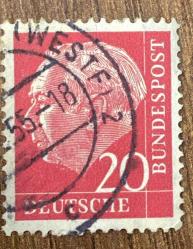Almanya Pulu - Germany Stamp - Postadan Geçmiş Pul Filateli - 1955 DAMGALI - DR. THEODOR HEUSS TEMALI PUL , 20 PARA - YABANCI PULLAR, NOSTALJİK DOĞUM GÜNÜ HEDİYESİ