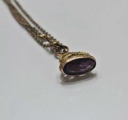 Antika Altın Dolgu Ametist İmitasyonu Taşlı Cep Saati Kösteği Kolye  0001