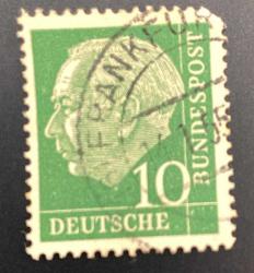 Almanya Pulu - Germany Stamp - Postadan Geçmiş Pul Filateli - 14 OCAK 1955 DAMGALI - DR. THEODOR HEUSS TEMALI PUL , 10 PARA - YABANCI PULLAR, NOSTALJİK DOĞUM GÜNÜ HEDİYESİ