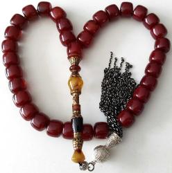 OSMANLI DÖNEMİ MALZEMEDEN YAPILMA ŞIKIR ŞIKIR HARİKA DUMANLI KIRMIZI RENKLİ GÜMÜŞ PÜSKÜLLÜ MUHTEŞEM SIKMA KEHRİBAR TESPİH 1QQQ1R1 ÇOK NADİR