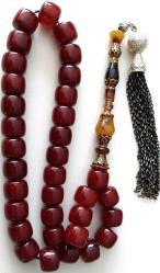 OSMANLI DÖNEMİ MALZEMEDEN YAPILMA ŞIKIR ŞIKIR HARİKA DUMANLI KIRMIZI RENKLİ GÜMÜŞ PÜSKÜLLÜ MUHTEŞEM SIKMA KEHRİBAR TESPİH 1QQQ1R1 ÇOK NADİR