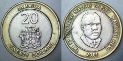 JAMAİKA 20 DOLAR 2001 BİMETAL. KENARDA KESME İZİ VAR.