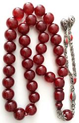 OSMANLI DÖNEMİ MALZEMEDEN YAPILMA ŞIKIR ŞIKIR HARİKA KIRMIZI RENKLİ GÜMÜŞ PÜSKÜLLÜ MUHTEŞEM SIKMA KEHRİBAR TESPİH 1DDD2RA1 ÇOK NADİR