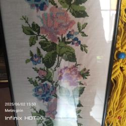 ETAMİN ÜZERİNE KANAVİÇE İŞLEMELİ - ÇERÇEVELİ PANO -20x73 cm