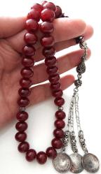 OSMANLI DÖNEMİ MALZEMEDEN YAPILMA ŞIKIR ŞIKIR HARİKA BULUTLU SARMAL KIRMIZI RENKLİ GÜMÜŞ PÜSKÜLLÜ MUHTEŞEM SIKMA KEHRİBAR TESPİH 1AA1A ÇOK NADİR