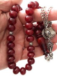 OSMANLI DÖNEMİ MALZEMEDEN YAPILMA ŞIKIR ŞIKIR HARİKA BULUTLU SARMAL KIRMIZI RENKLİ GÜMÜŞ PÜSKÜLLÜ MUHTEŞEM SIKMA KEHRİBAR TESPİH 1AA1A ÇOK NADİR