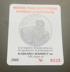 2008 - Kaşgarlı Mahmut Gümüş Hatıra Para Sertifikası (Sadece Sertifika)