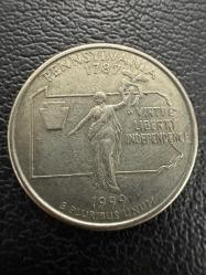 Amerika Çeyrek Dolar ABD ¼ Dolar , 1999 Pensilvanya Eyaleti Çeyreklik Darphane işareti 