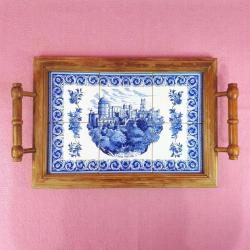 RETRO ÇİNİ ÜZERİNE SINTRA PORTUGAL TASVİRLİ , AHŞAP KASNAKLI AVRUPA PANO , SERVİS TEPSİSİ