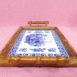 RETRO ÇİNİ ÜZERİNE SINTRA PORTUGAL TASVİRLİ , AHŞAP KASNAKLI AVRUPA PANO , SERVİS TEPSİSİ