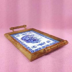 RETRO ÇİNİ ÜZERİNE SINTRA PORTUGAL TASVİRLİ , AHŞAP KASNAKLI AVRUPA PANO , SERVİS TEPSİSİ