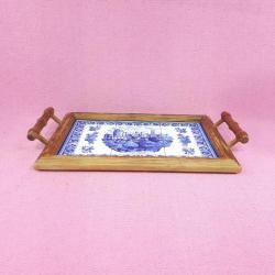 RETRO ÇİNİ ÜZERİNE SINTRA PORTUGAL TASVİRLİ , AHŞAP KASNAKLI AVRUPA PANO , SERVİS TEPSİSİ