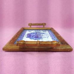 RETRO ÇİNİ ÜZERİNE SINTRA PORTUGAL TASVİRLİ , AHŞAP KASNAKLI AVRUPA PANO , SERVİS TEPSİSİ