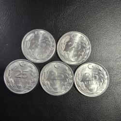1987 YILI MADENİ 25 TÜRK LİRASI 5 ADET  ÇİL ( ALÜMİNYUM ) TCM 0306