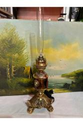 1960's fransız 52 cm boyunda bronz dan aslan figürlü ve ayaklı gaz lambası formunda abajur