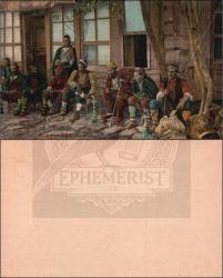 Efemera - İstanbul, Nargilehane Önünde Osmanlı Erkekleri Kartpostalı, 1900&rsquo;ler: Geleneksel giysili erkekler, su başında nargile içimi ve sohbet, &ldquo;Constantinople &ndash; Caf&eacute; Turc&rdquo; yazılı renklendirilmiş sahne. - kitantik - kitaLog