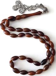 ESKİ DÖNEM MALZEMEDEN YAPILMA ARPA KESİM TOZ DAMLA KAHVERENGİ KEHRİBAR TESPİH 2CC1R1 NADİR