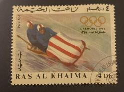 Umm Al Kayveyn Pulu-  Umm Al Quwain Stamp - Postadan Geçmiş Pul Filateli - DAMGALI - Grenoble 1968 Kış Olimpiyatları - Kızak Sporu Temalı Pul, 4 PARA - YABANCI PULLAR - NOSTALJİK DOĞUM GÜNÜ HEDİYESİ
