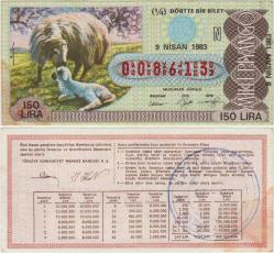 ESKİ MİLLİ PİYANGO 1/4 ÇEYREK BİLET 9 NİSAN 1983 KOYUN VE KUZUSU. N SERİSİ 150 LİRA. LEKELİ.