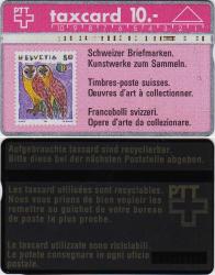 İSVİÇRE TELEFON KARTI PTT TAXCARD. PUL VE BAYKUŞ TEMALI. 10 FRANK DEĞERİNDE.