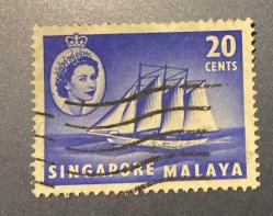 Singapur Pulu - Singapore Stamp -  Postadan Geçmiş Pul Filateli - DAMGALI - KRALİÇE II. ELIZABETH RESİMLİ, YELKENLİ GEMİ TEMALI PUL, 20 PARA - YABANCI PULLAR, NOSTALJİK DOĞUM GÜNÜ HEDİYESİ
