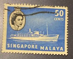 Singapur Pulu - Singapore Stamp -  Postadan Geçmiş Pul Filateli - DAMGALI - KRALİÇE II. ELIZABETH RESİMLİ, GEMİ TEMALI PUL, 50 PARA - YABANCI PULLAR, NOSTALJİK DOĞUM GÜNÜ HEDİYESİ