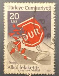 Türk Pulu - Turkish Stamp -  Postadan Geçmiş Pul Filateli - DAMGALI - ALKOL FELAKETTİR -  TRAFİK GÜVENLİĞİ TEMALI PUL 1987  , 20 LİRA- Türkiye Cumhuriyeti - NOSTALJİK DOĞUM GÜNÜ HEDİYESİ