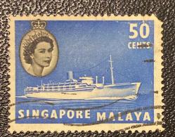 Singapur Pulu - Singapore Stamp -  Postadan Geçmiş Pul Filateli - DAMGALI - KRALİÇE II. ELIZABETH RESİMLİ, GEMİ TEMALI PUL, 50 PARA - YABANCI PULLAR, NOSTALJİK DOĞUM GÜNÜ HEDİYESİ