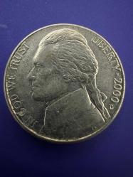 Amerika USA ABD 5 Cent , 2000 Jefferson Nikel Darphane işareti 