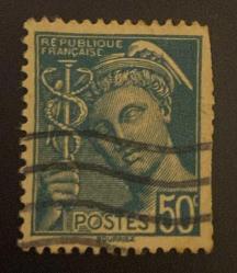 Fransa Pulu - France Stamp - Postadan Geçmiş Pul Filateli - DAMGALI - YUNAN MİTOLOJİ TANRISI MERKÜR TEMALI PUL, 50 PARA - YABANCI PULLAR -ABANCI PULLAR, NOSTALJİK DOĞUM GÜNÜ HEDİYESİ