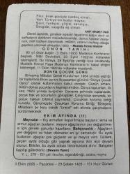 3 EKİM 2005 - TAKVİM YAPRAĞI - DOĞUM GÜNÜ HEDİYESİ - BÜYÜK SAATLİ MAARİF TAKVİMİ - ATATÜRK - ARİF HİKMET PAR - MUDANYA KONFERANSI - DÜNYA ÇOCUK GÜNÜ