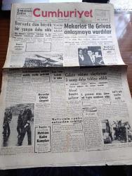 Cumhuriyet Gazetesi - 11 Ekim 1959 - Bursa'da Dün Büyük Bir Yangın Daha Oldu - Makarios İle Grivas Anlaşmaya Vardılar - Adnan Menderes New York'a Gitti - Tokyo Büyükelçimiz Süreyya Anderiman İle Eşi Nükhet Anderiman'ın Naaşları Yurda Getirildi - Galata Rıhtımı Olaylarının 3 Sanığı Daha Tahliye Edildi - 2 Gazeteci Celal Şimşek ve Fevzi Özer Birer Yıl Hapse Mahkum Oldu - Ortadirek Yazan Yaşar Kemal Yazı Dizisi - Sovyet Rusya'da Mahkum Kadın Kampları Stalin'in Ölümünden Evvel Ve Sonra Yazı Dizisi - CENTO'nun Kararları Yazan Ömer Sami Coşar - Bölge Dili Değil Halkın Dili Yazan Yaşar Kemal - İkinci Katerina'nın Hatıraları Neşredildi - Haftanın Şakaları Yazan Burhan Felek - Ankara'da Bir Sanat Hadisesi Kral Oidipus Yazan Lütfi Ay - Alaca Çorap Yazan Nihal Karamağaralı Yazı Dizisi - Koruyucu Melekler Sevimli Balıkçı Çizgi Roman - Bay Oscar Karikatür - Eğlence Köşesi - 3. Akdeniz Oyunları - Galatasaray 4 Demirspor 1  Fotoğraf - Kazova Perlon Mağazası