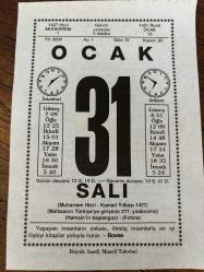 31 OCAK 2006 - TAKVİM YAPRAĞI - DOĞUM GÜNÜ HEDİYESİ - BÜYÜK SAATLİ MAARİF TAKVİMİ - BOVEE - PROF. DR. YILDIZ TÜMERDEM - HİCRİ YILBAŞI - HAMSİ'NİN BAŞLANGICI - DÜNYA CÜZZAM GÜNÜ - İLK MATBAA