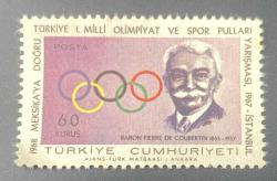 Türk Pulu - Turkish Stamp -  Postadan Geçmiş Pul Filateli - TÜRKİYE I. MİLLİ OLİMPİYAT VE SPOR PULLARI YARIŞMASI, 1967 - İSTANBUL -BARON PIERRE DE COUBERTIN (1863-1937) TEMALI PUL, 60 KURUŞ - Türkiye Cumhuriyeti - NOSTALJİK DOĞUM GÜNÜ HEDİYESİ