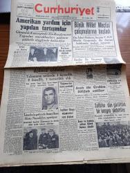 Cumhuriyet Gazetesi - 15 Nisan 1947 - ONU Ve Barış Yazan Nadir Nadi Başmakale - Amerikan Yardımı İçin Yapılan Tartışmalar - Büyük Millet Meclisi Çalışmalarına Başladı - Güreşçilerimiz Prag'da Üçüncü Oldular - Yarı Ortada Yaşar Doğu Greko Romen Avrupa Birinciliğini Kazandı Fotoğraf - Stalin İle Stassen Neler Görüştüler - Filistin Ve Araplar - Irak Ve Ürdün İttifak Ettiler - İran Ve Irak'ta Çıkan Kürt İsyanı Söndü -  Barzani Kürt Aşiretleri Reisi Molla Mustafa Teslim Oldu - Safiye Ayla Hamiyet Yüceses Yarın Akşam 21 de Pangaltı İnci Sinemasında - Broadway Çılgınlıkları Sümer Sinemasında - Adak Yazan Kemal Ragıp Yazı Dizisi - Atina'da Müşahedeler Yazan Burhan Felek Köşe Yazısı - Dünyanın En Büyük Vapuru Kraliçe Elizabeth Karaya Oturdu - General Electric - Koç Ticaret - Antalya Umumi Nakliyat - İstanbul Belediyesi Şehir Tiyatroları Dram Kısmında Köyde Bir Ay Piyesi - Uyuz Ve Deri Hastalıklarını Dermoliv Geçirir